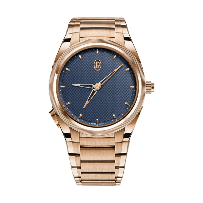 The Parmigiani Fleurier TONDA PF GMT Rattrapante features a gold case, blue textured dial, gold hour markers, and a metal link bracelet.