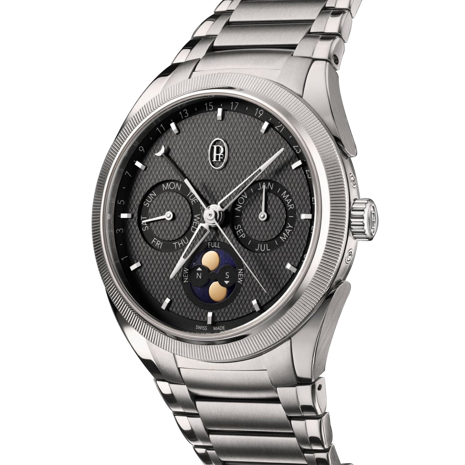 The Parmigiani Fleurier TONDA PF Gregorian Annual Calendar is a luxury silver wristwatch featuring a textured black dial, multiple subdials, and a moon phase display.