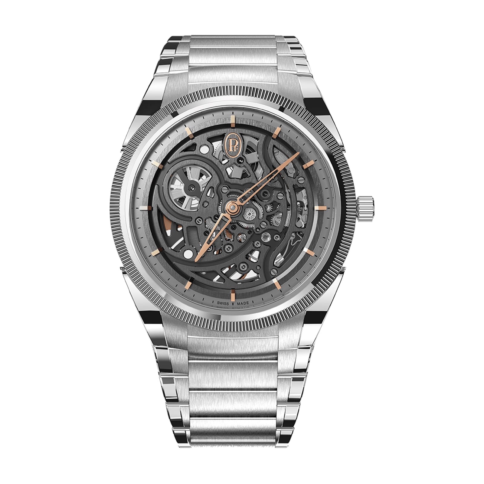 The Parmigiani Fleurier TONDA PF Skeleton features visible gears, a metal bracelet, and rose gold accents on the hands and hour markers.