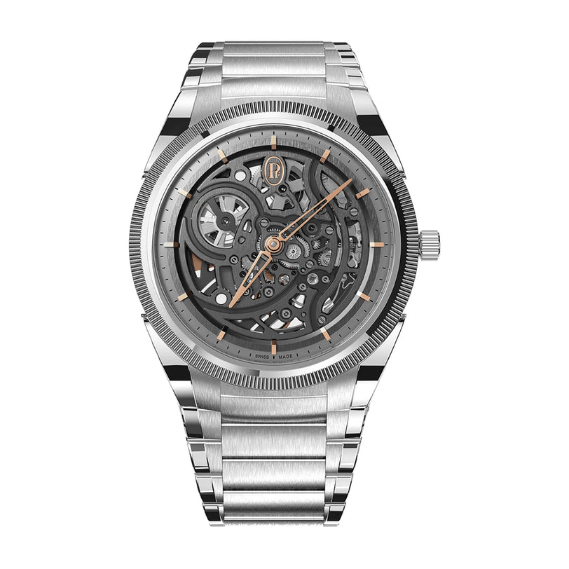 The Parmigiani Fleurier TONDA PF Skeleton features visible gears, a metal bracelet, and rose gold accents on the hands and hour markers.