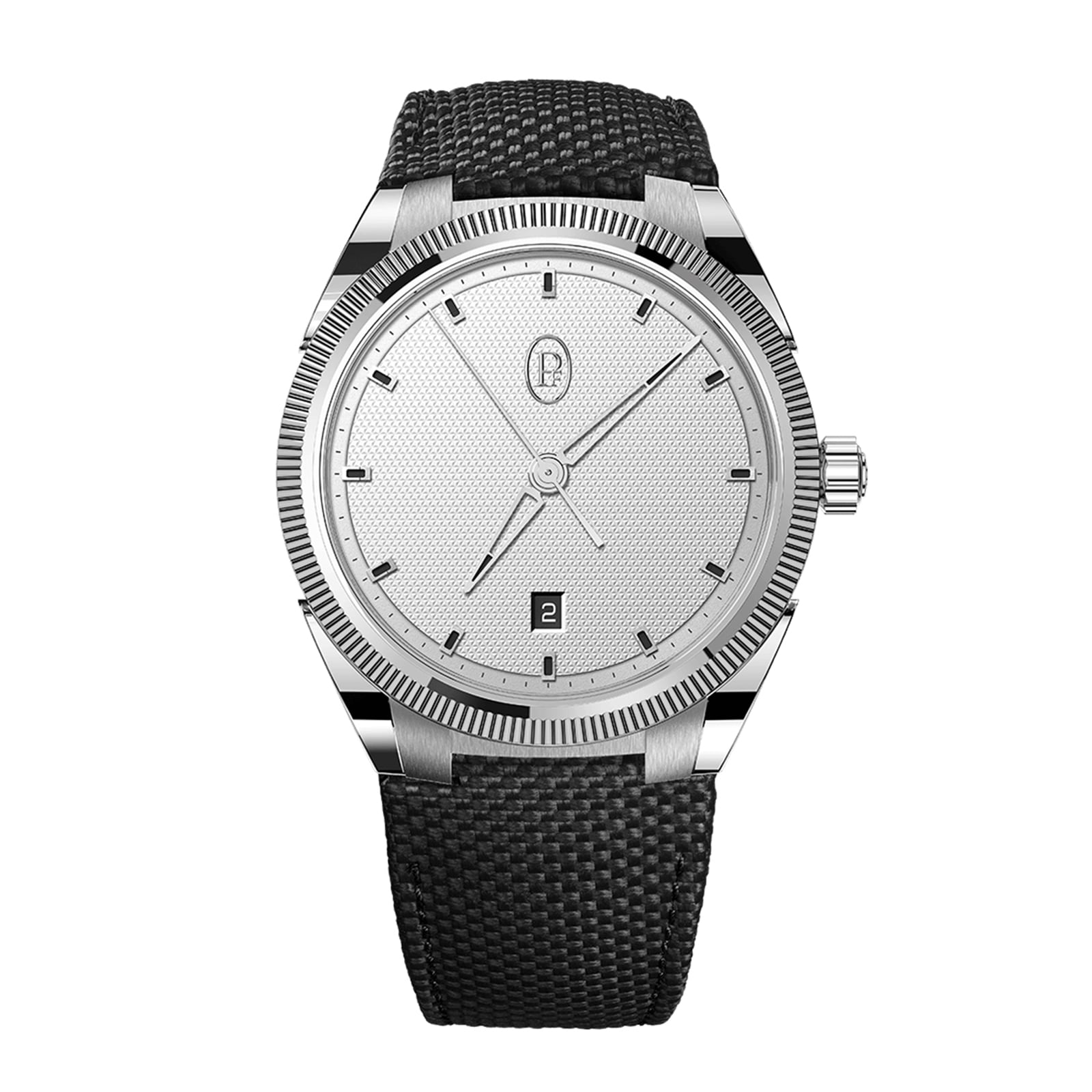 Parmigiani Fleurier TONDA PF Sport: Silver wristwatch featuring a textured white dial, black strap, and date display at 6 o’clock on a white background.