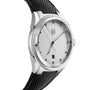Photographed at an angle, the Parmigiani Fleurier G SS AU TONDA PF SPORT WHITE 24 showcases sporty elegance with its silver case, textured white dial, black mesh strap, fluted bezel, and date window at 6 oclock.