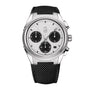 The Parmigiani Fleurier TONDA PF Sport Chronograph features a silver case, black chronograph dials, and a textured black strap, shown from the front.