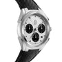 The Parmigiani Fleurier TONDA PF Sport Chronograph features a silver chronograph dial with a textured finish, black subdials, and a black textured strap.