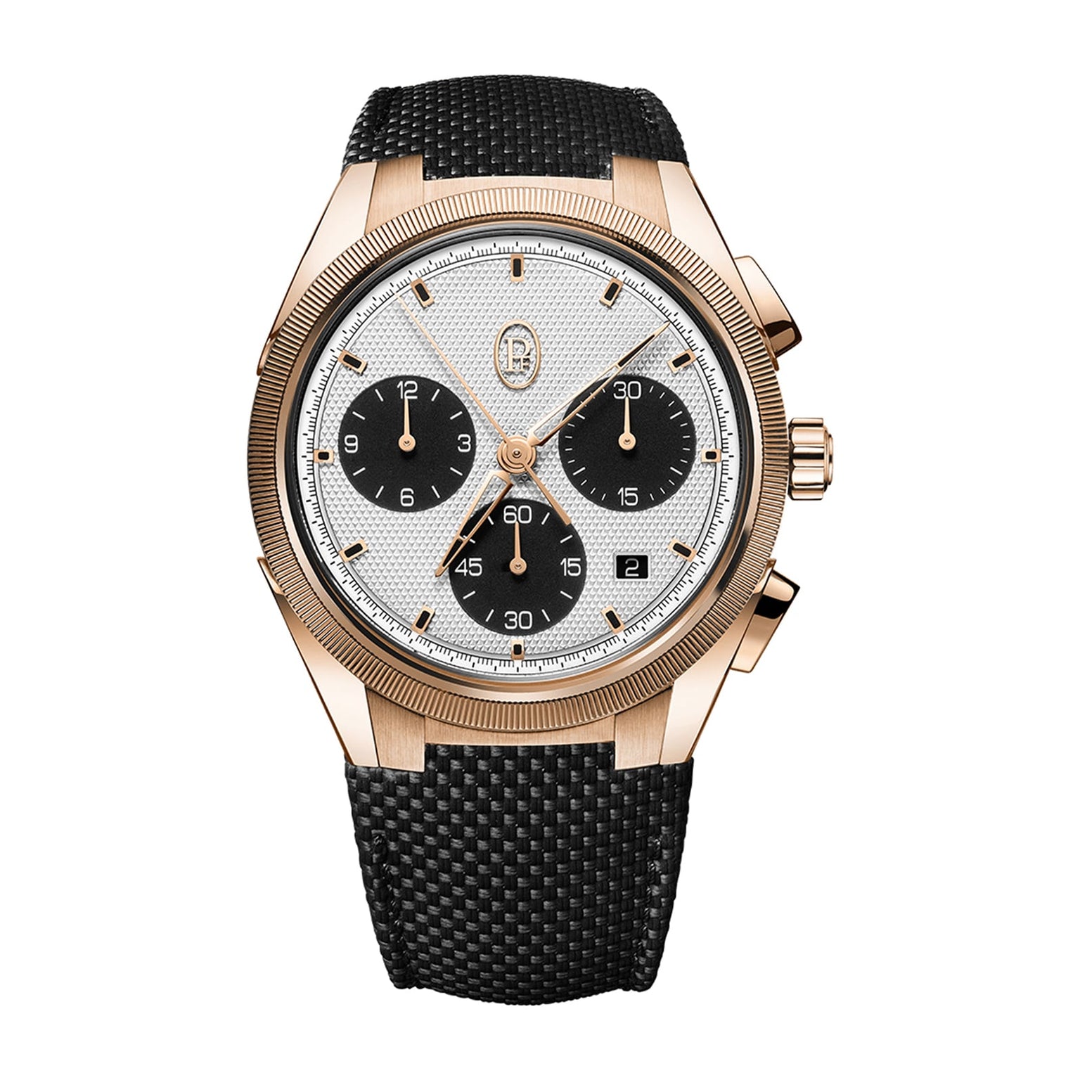 The Parmigiani Fleurier TONDA PF Sport Chronograph is a luxury gold wristwatch featuring a textured black strap and three black subdials on a white face.