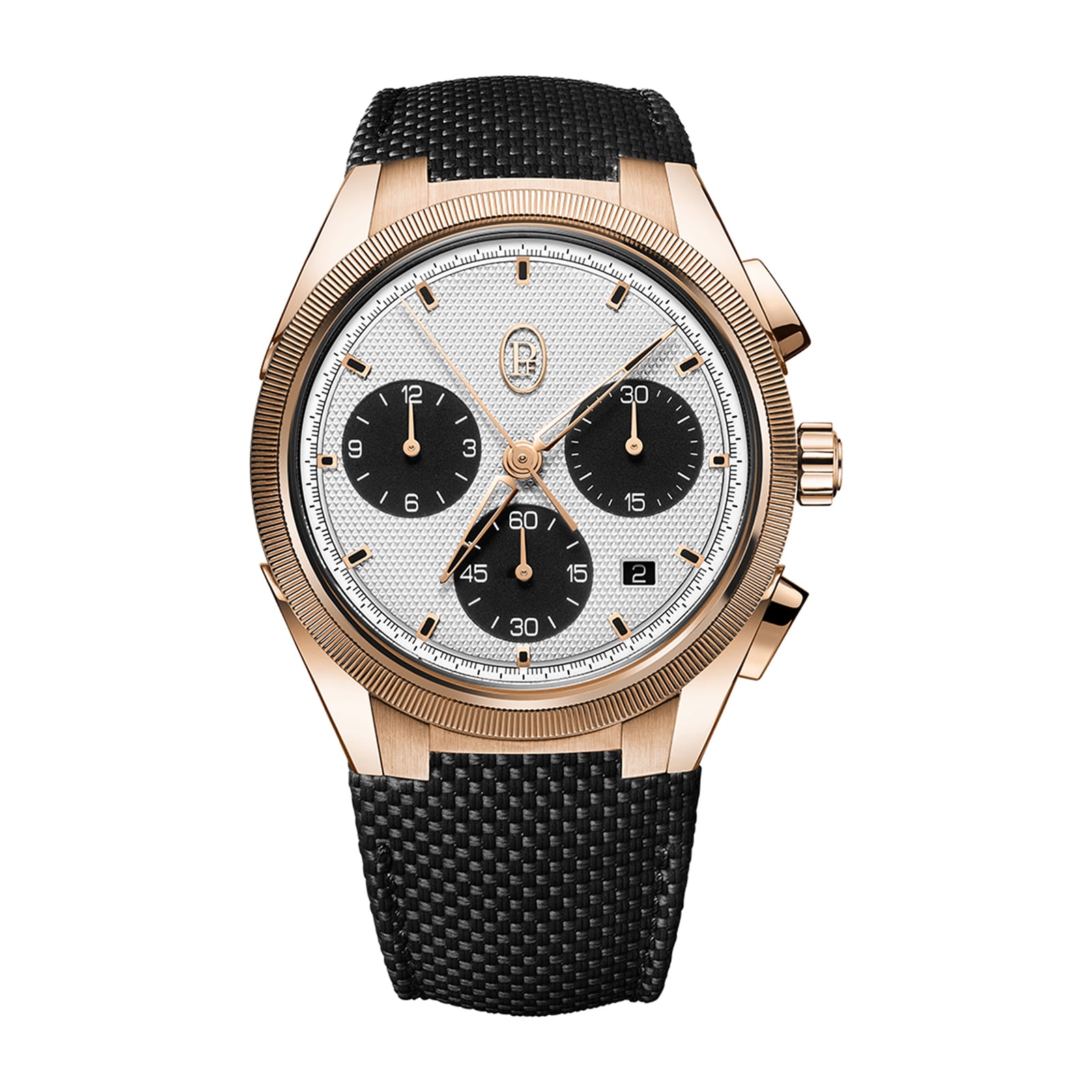 The Parmigiani Fleurier TONDA PF Sport Chronograph is a luxury gold wristwatch featuring a textured black strap and three black subdials on a white face.