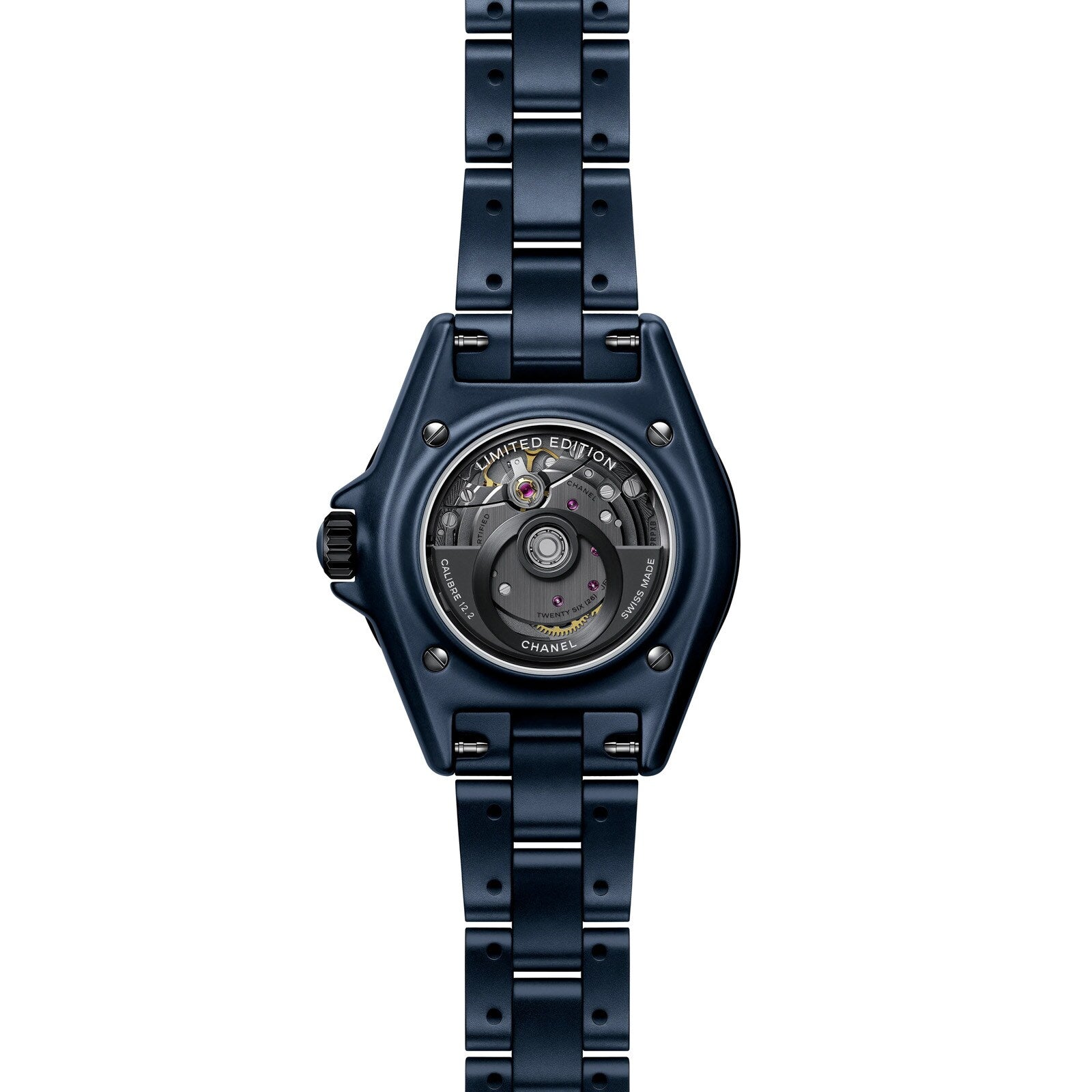 The Chanel J12 Bleu Watch Caliber 12.2, 33 mm, is a blue luxury watch featuring a visible mechanical movement and Limited Edition engraved on the case back.