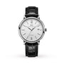 The IWC Schaffhausen Portofino Automatic features a white dial, stainless steel case, black leather strap, Roman numerals at 12 and 6, and a date window at 3 o’clock.