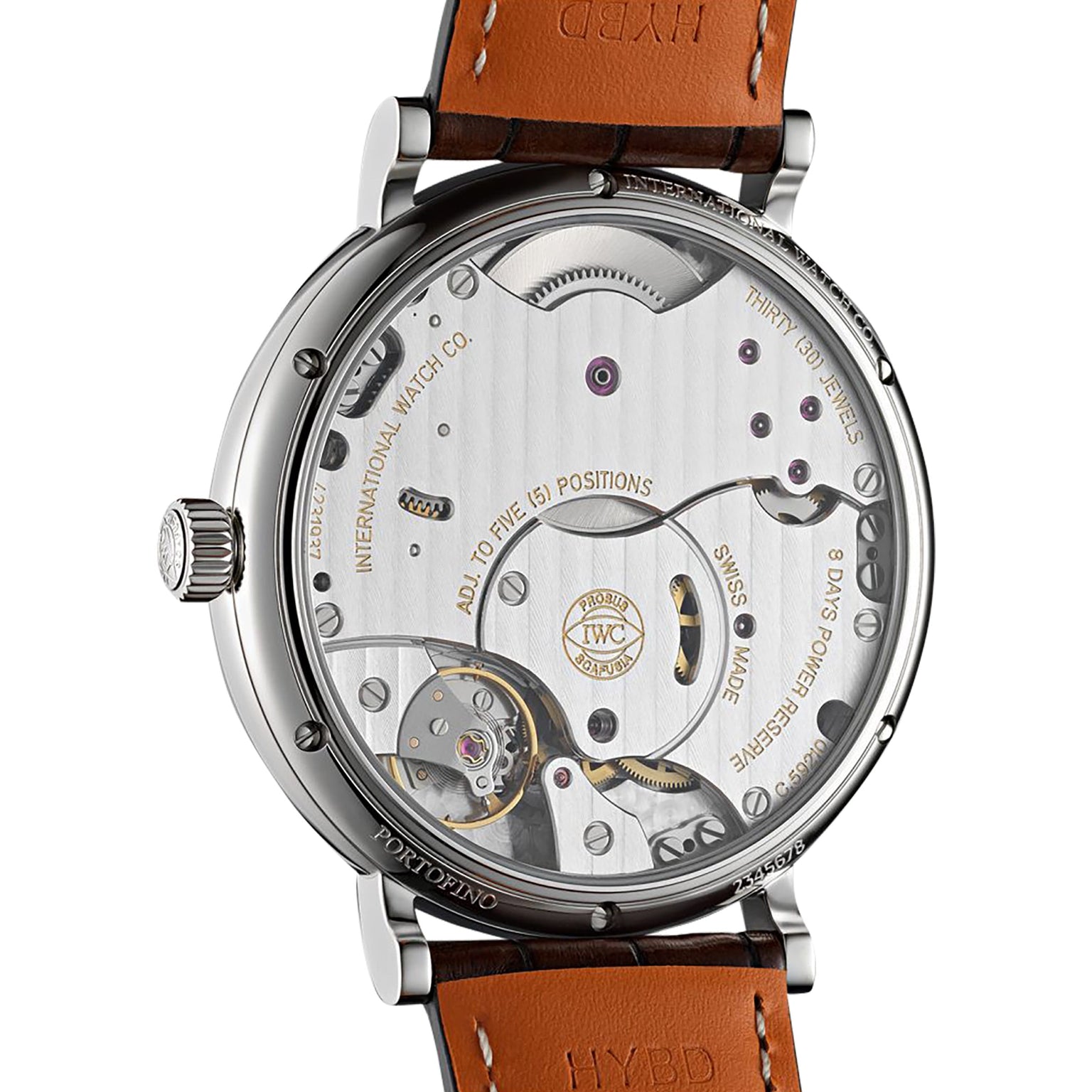 Close-up of the IWC Schaffhausen Portofino Hand-Wound Eight Days, revealing its intricate exposed gears, detailed engravings, and a brown leather strap.