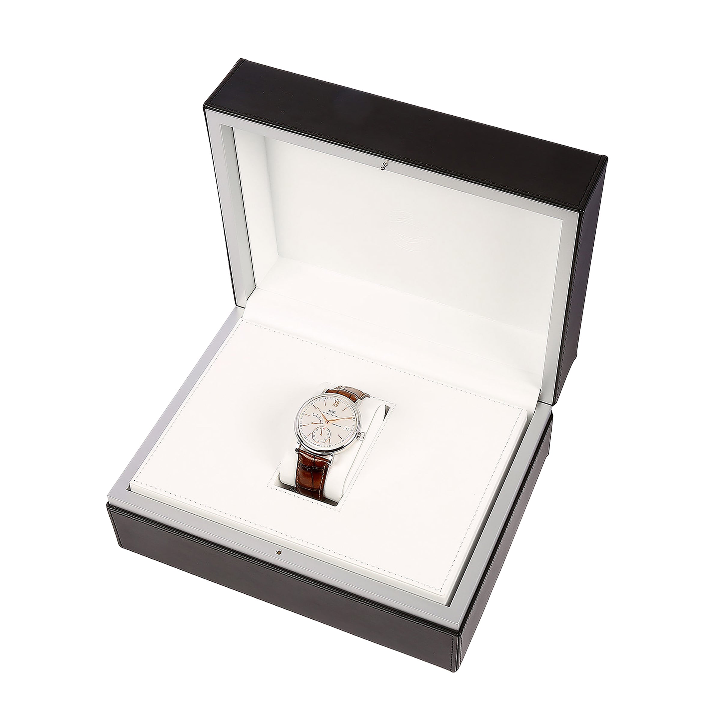 The IWC Schaffhausen Portofino Hand-Wound Eight Days wristwatch features a white dial, brown leather strap, IWC-manufactured calibre, and is presented in an open black and white box.