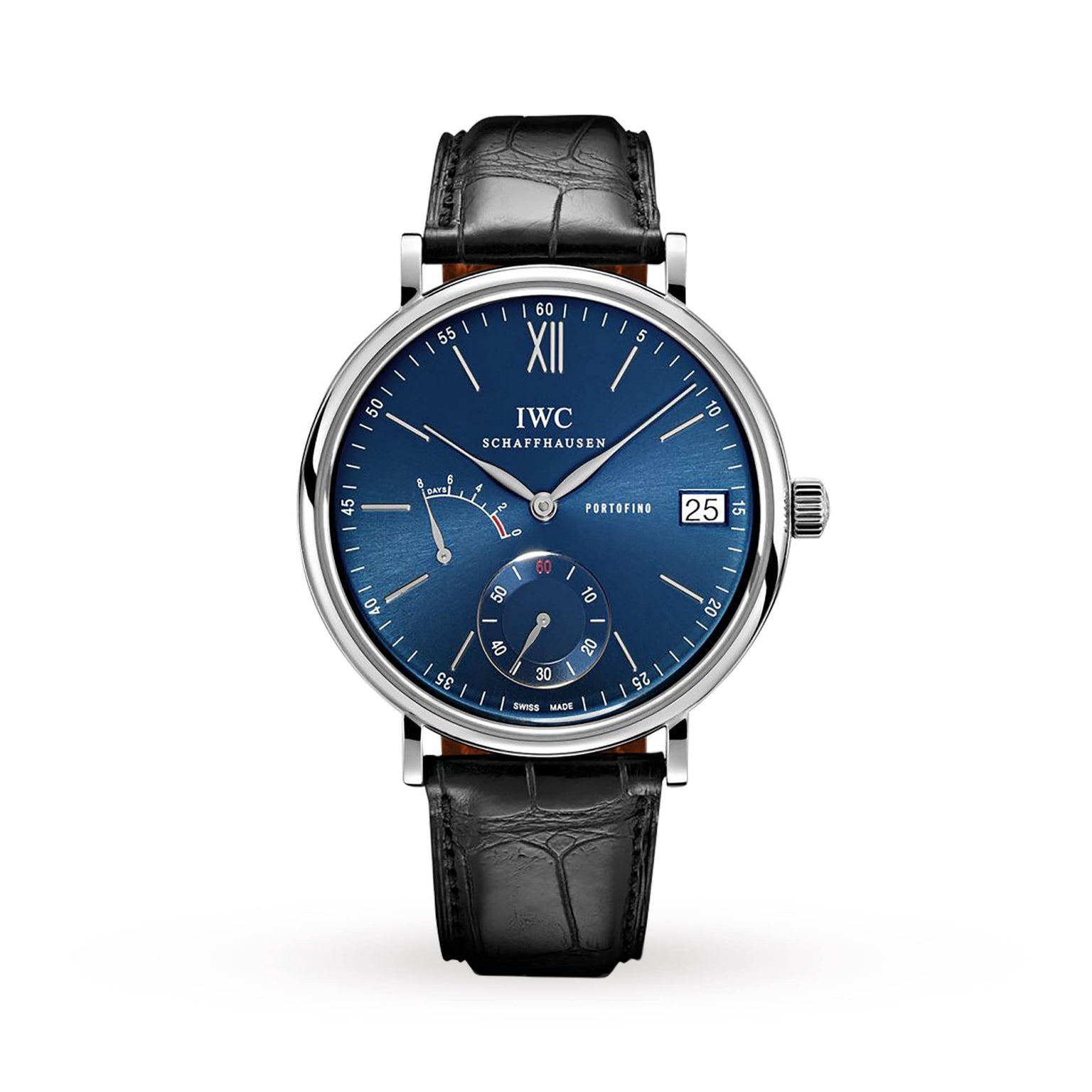 The IWC Schaffhausen Portofino Hand-Wound Eight Days features a blue dial, silver case, black leather strap, date at 3 o’clock, power reserve and seconds subdials, and runs on the hand-wound 59210 caliber with an eight-day power reserve.