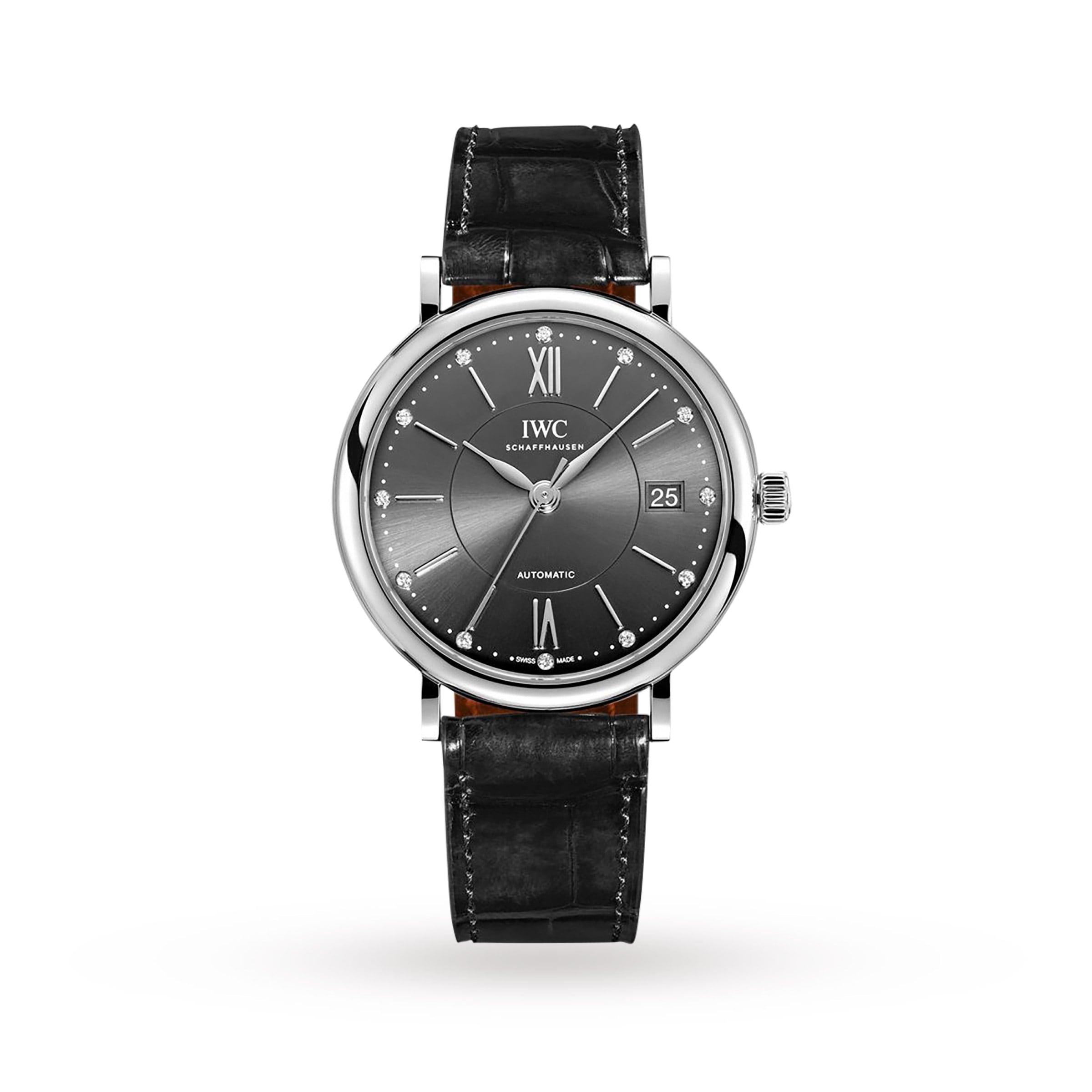 The IWC Schaffhausen Portofino Chronograph is an elegant ladies’ watch with a round black dial, silver hands, Roman numerals at 12 and 6, a date display at 3 o’clock, and a classic black leather strap.
