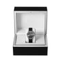 An IWC Schaffhausen Portofino Chronograph with a black leather strap is displayed in an open black and white presentation box.