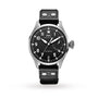 The IWC Schaffhausen Big Pilots Watch features a black dial with white numerals, stainless steel case, date display, black leather strap with metal rivets, and 52010 calibre automatic movement.