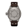 The IWC Schaffhausen Big Pilots Watch Heritage features a closed, round titanium case back and a dark brown leather strap with white stitching and two metal rivets, echoing classic Pilots Watch design.
