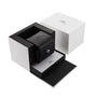 A black leather IWC Schaffhausen case rests in an open white IWC box, with booklet and outer packaging—ideal for storing your Big Pilots Watch Heritage automatic timepiece.