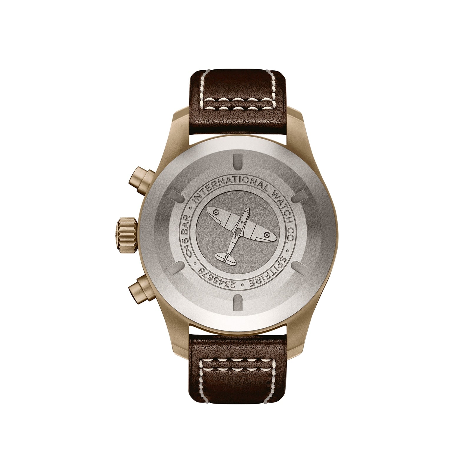 Back view of the IWC Schaffhausen Pilots Watch Chronograph Spitfire with a brown leather strap and bronze case, showing engraved text and an airplane illustration on the metal case back.