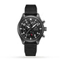 The IWC Schaffhausen Pilots Watch Chronograph Top Gun features a black dial with white markers, three subdials, and a black fabric strap, displayed on a white background.