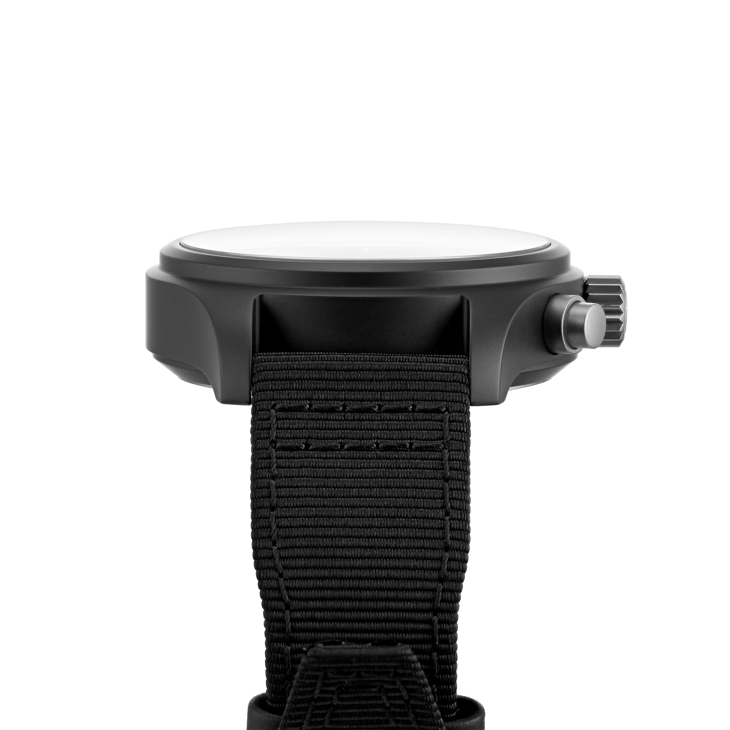 Side view of the IWC Schaffhausen Pilots Watch Chronograph Top Gun featuring a round face, prominent crown, and textured black nylon strap against a white background.