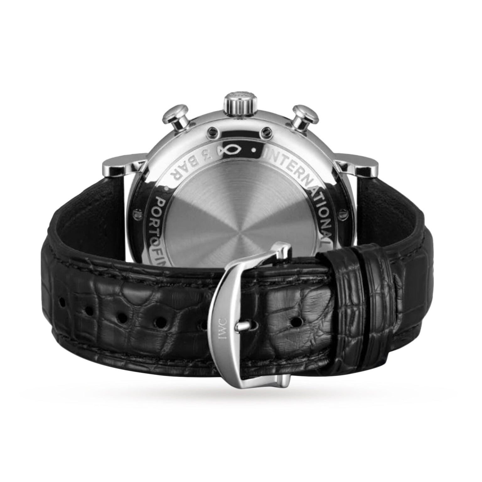 The IWC Schaffhausen Portofino Chronograph wristwatch is shown from the back, highlighting its black leather strap, clasp, and detailed engraved case back.