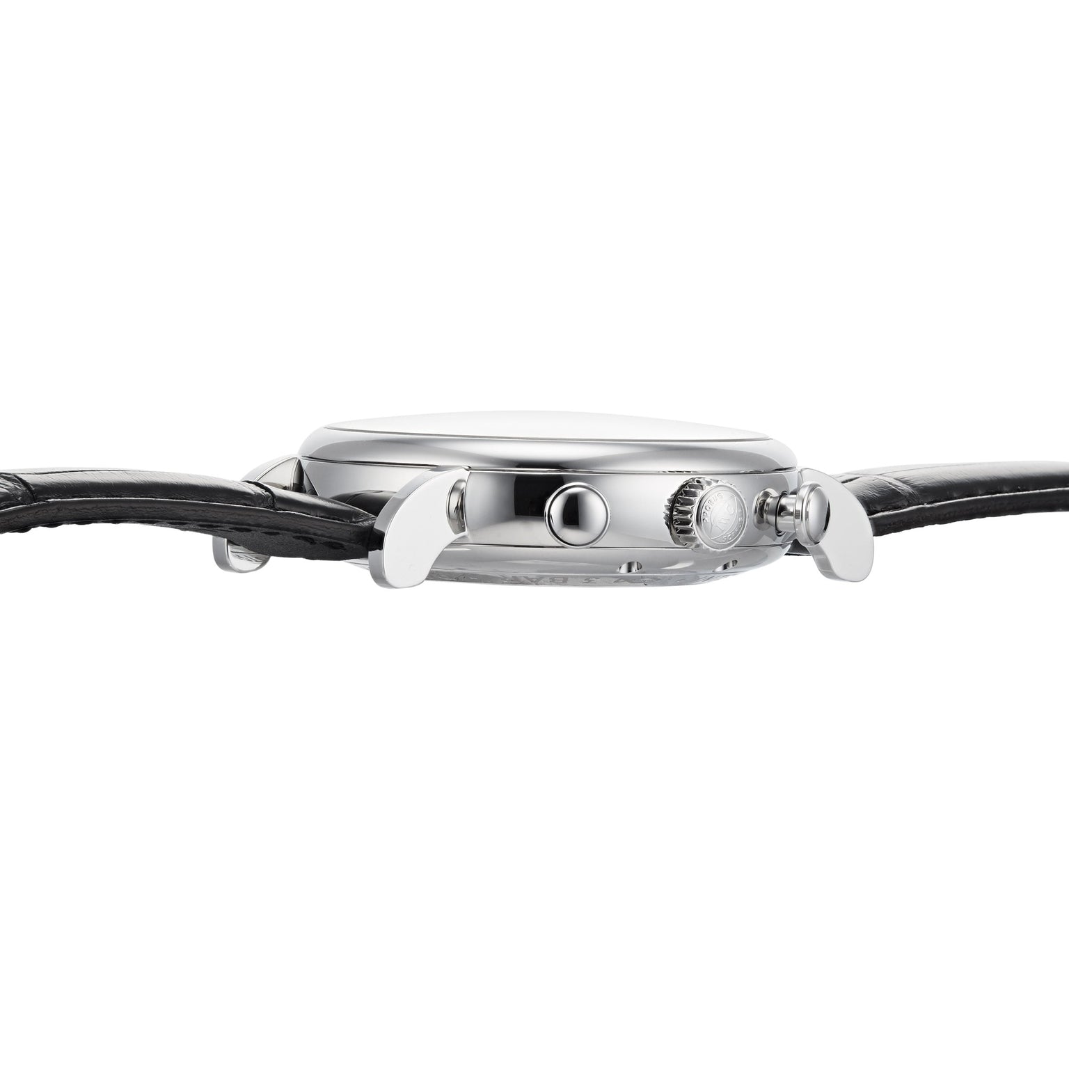 Side view of the IWC Schaffhausen Portofino Chronograph, featuring a silver case, chronograph push buttons, crown, and a black leather strap.