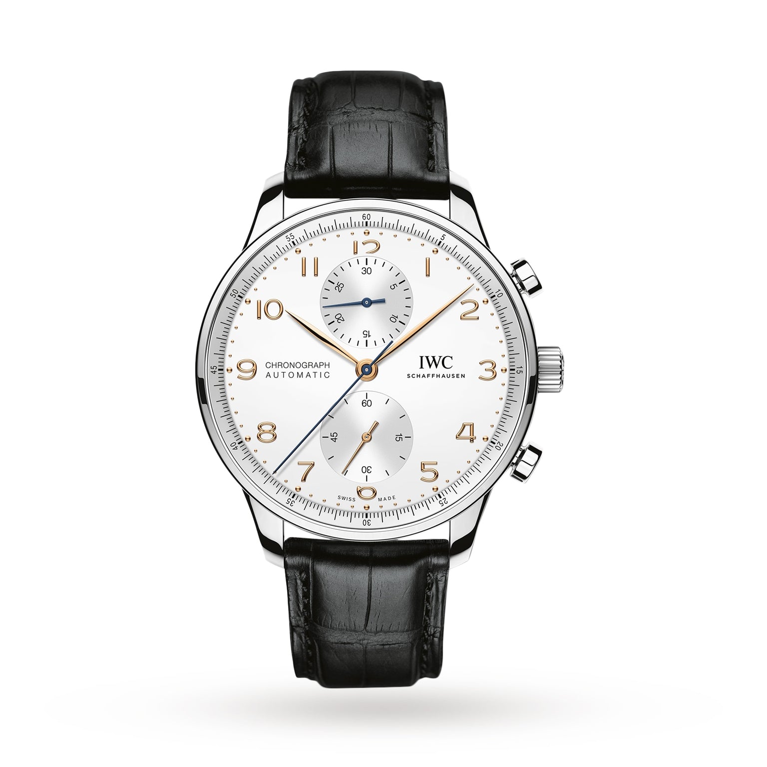 The IWC Schaffhausen Portugieser Chronograph features a stainless steel case, white dial with gold numerals, two subdials, and a black leather strap, showcased against a white background.