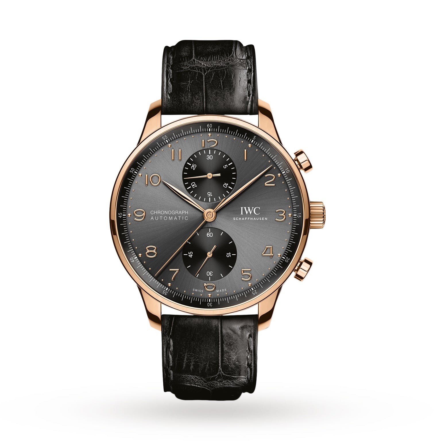 The IWC Schaffhausen Portugieser Chronograph features a gold case, gray dial with gold numerals, three subdials, and a black leather strap—captured on a white background and celebrated for its high-precision timekeeping.