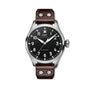 The IWC Schaffhausen Big Pilots Watch 43 features a stainless steel case, black dial with white numerals, brown leather strap with metal rivets—an iconic piece in the Pilot’s Watches collection.