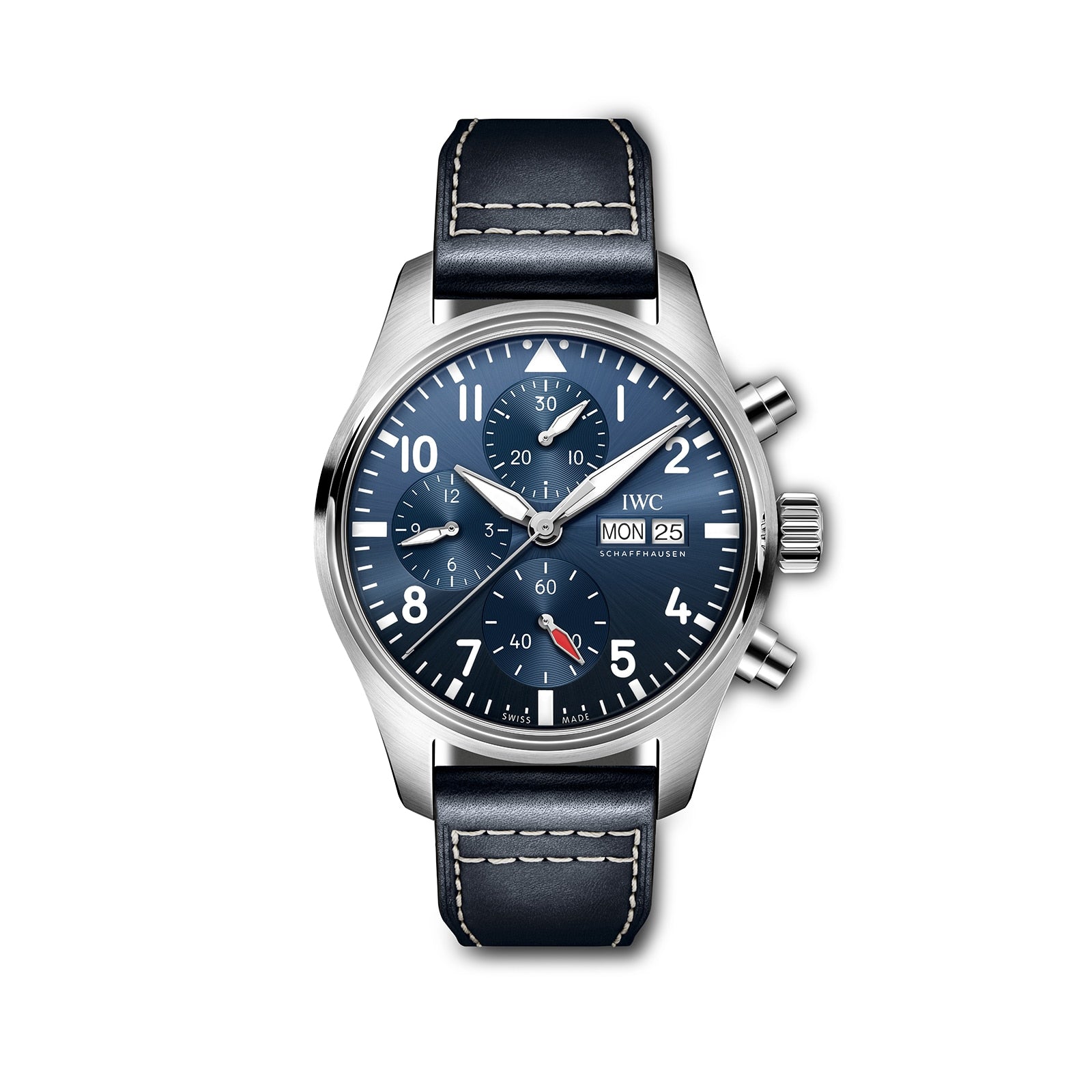 The IWC Schaffhausen Pilots Watch Chronograph 41 features a stainless steel case, blue dial, chronograph with three subdials, day and date display, and a black leather strap with white stitching.