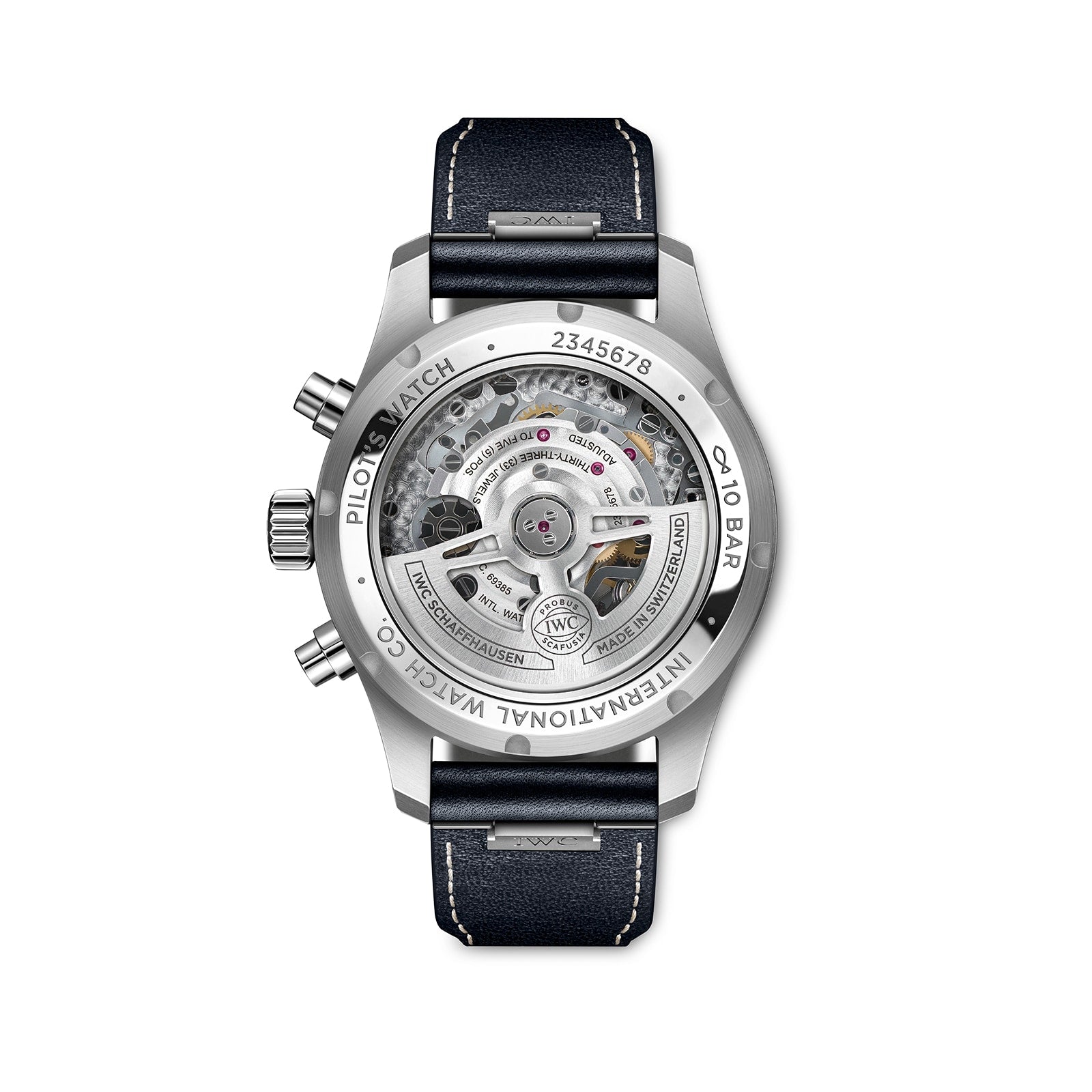 Rear view of the IWC Schaffhausen Pilots Watch Chronograph 41, featuring an exposed mechanical movement, black leather strap, engraved accents, and polished stainless steel case.
