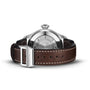 Back view of the IWC Schaffhausen Big Pilots Watch with a brown leather strap, IWC-engraved buckle, and marked stainless steel case back highlighting its famous 7-day power reserve.