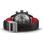 The IWC Schaffhausen Pilots Watch Chronograph Edition Tophatters features a black case, red-stitched leather strap, engraved caseback, and an IWC-branded metal clasp.