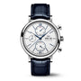 The IWC Schaffhausen Portofino Chronograph features a silver case, white dial with three subdials, chronograph, day and date display, two side buttons, and a blue alligator leather strap.