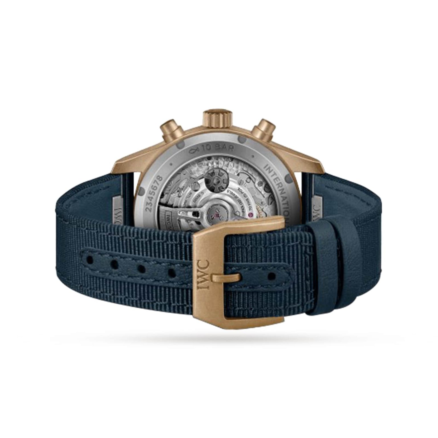A close-up of the IWC Schaffhausen Pilots Watch Chronograph 41 showcases its visible mechanical movement, blue fabric strap, gold “IWC” engraved buckle, and distinctive bronze case.