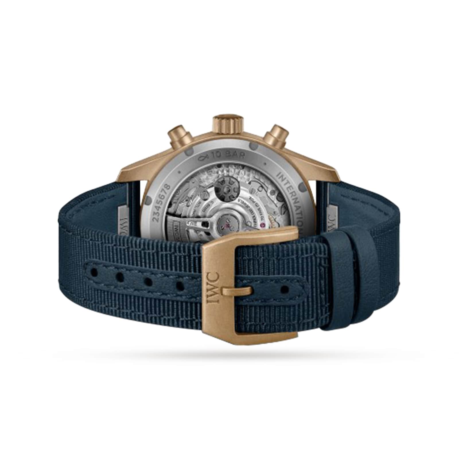 A close-up of the IWC Schaffhausen Pilots Watch Chronograph 41 showcases its visible mechanical movement, blue fabric strap, gold “IWC” engraved buckle, and distinctive bronze case.
