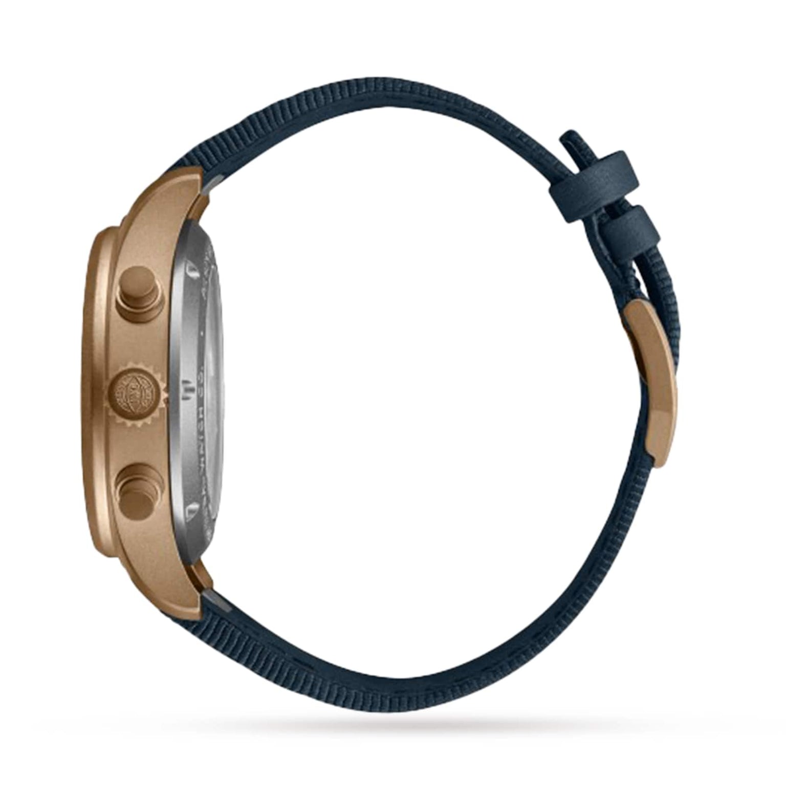 Side view of the IWC Schaffhausen Pilots Watch Chronograph 41, featuring a bronze case, two push buttons, a dark blue textured strap, and a beige buckle.