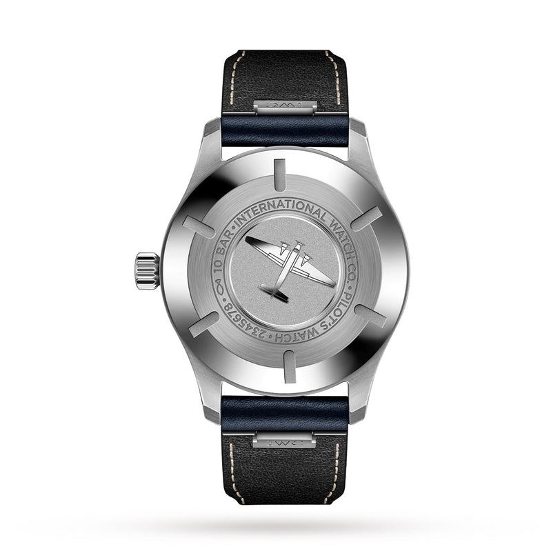 The IWC Schaffhausen Pilots Watch Mark XX features a black leather strap, stainless steel case, plain gray back, and an aviation-themed engraving on the caseback.