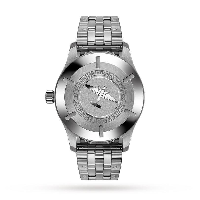 The IWC Schaffhausen Pilots Watch Mark XX, seen from the back, features an engraved stainless steel case with inscription along the edge and a metal bracelet—capturing the timeless essence of classic aviation timepieces.