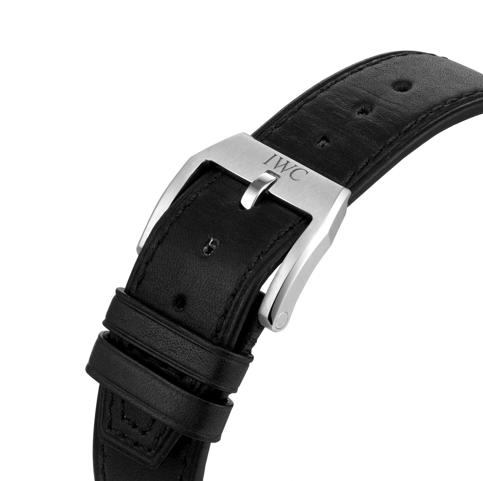 Close-up of a black leather strap with a silver IWC-engraved buckle, complementing the black dial and robust automatic movement of the IWC Schaffhausen Pilots Watch Chronograph.