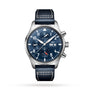 The IWC Schaffhausen Pilots Watch Chronograph features a stainless steel case, blue dial with white indices, chronograph subdials, day-date display, and a blue leather strap with white stitching.