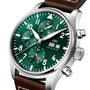 The IWC Schaffhausen Pilots Watch Chronograph features a 43mm stainless steel case, green dial with three subdials, day/date display, and a brown leather strap for timeless aviator appeal.