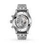 The image shows the back of the IWC Schaffhausen Pilot’s Watch Chronograph, featuring a stainless steel case with a transparent display revealing its mechanical movement and INTERNATIONAL WATCH CO engraved on the rim.