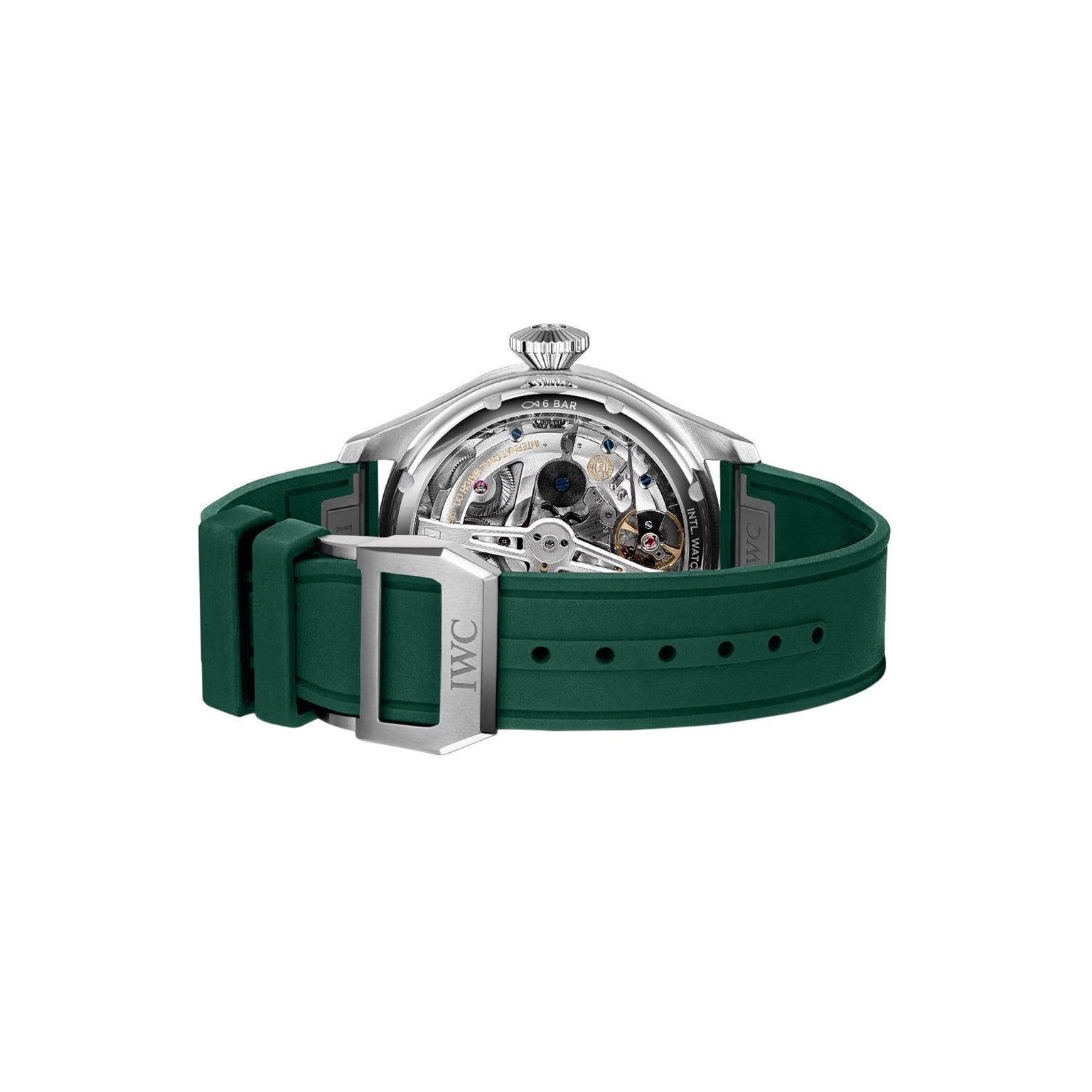 The IWC Schaffhausen Big Pilots Watch Perpetual Calendar features a green rubber strap and a transparent case back that reveals the IWC-made 52616 calibre mechanical movement.