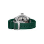 The IWC Schaffhausen Big Pilots Watch Perpetual Calendar features a green rubber strap and a transparent case back that reveals the IWC-made 52616 calibre mechanical movement.