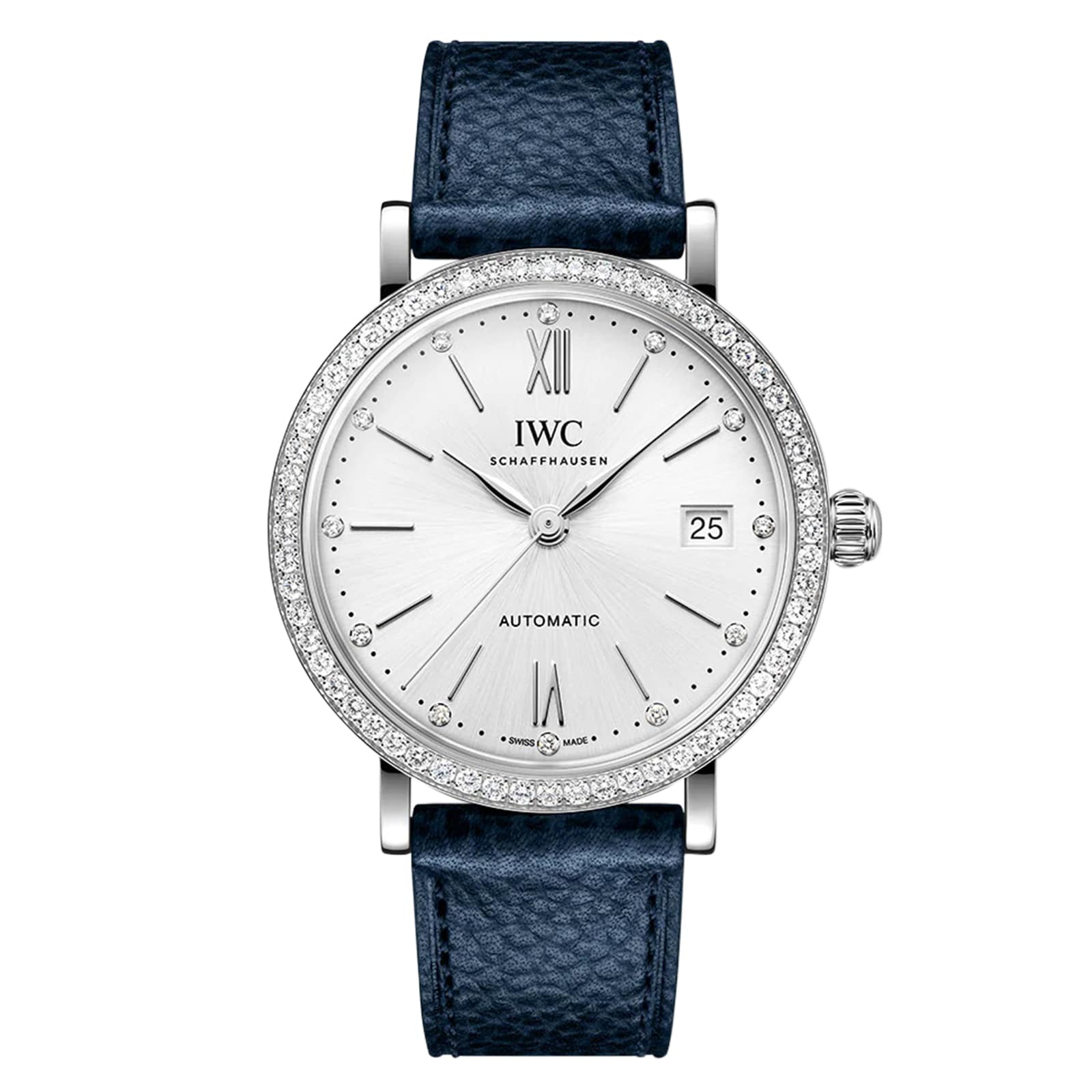 IWC Schaffhausen Portofino Automatic 37 with diamond bezel, silver case, blue leather strap, and date display at 3 o’clock.