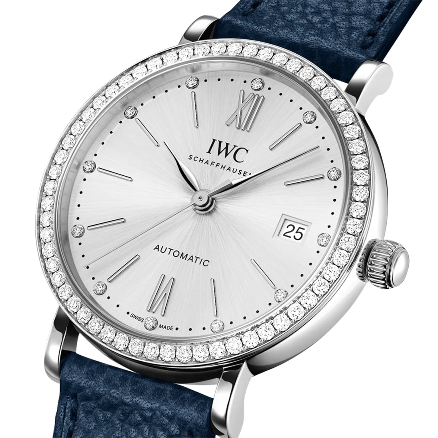 The IWC Schaffhausen Portofino Automatic 37 features a silver case, diamond bezel, Roman numerals, date display, and a blue textured strap.