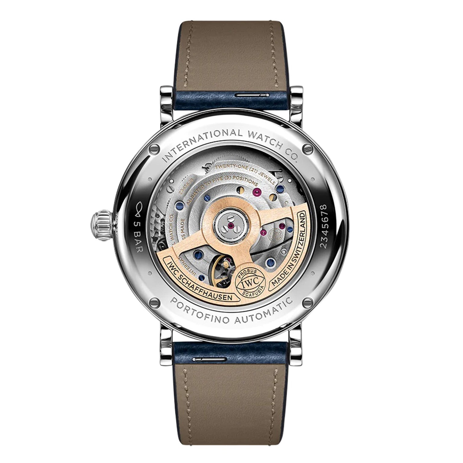 Back view of the IWC Schaffhausen Portofino Automatic 37, showcasing its visible mechanical movement and beige leather strap.