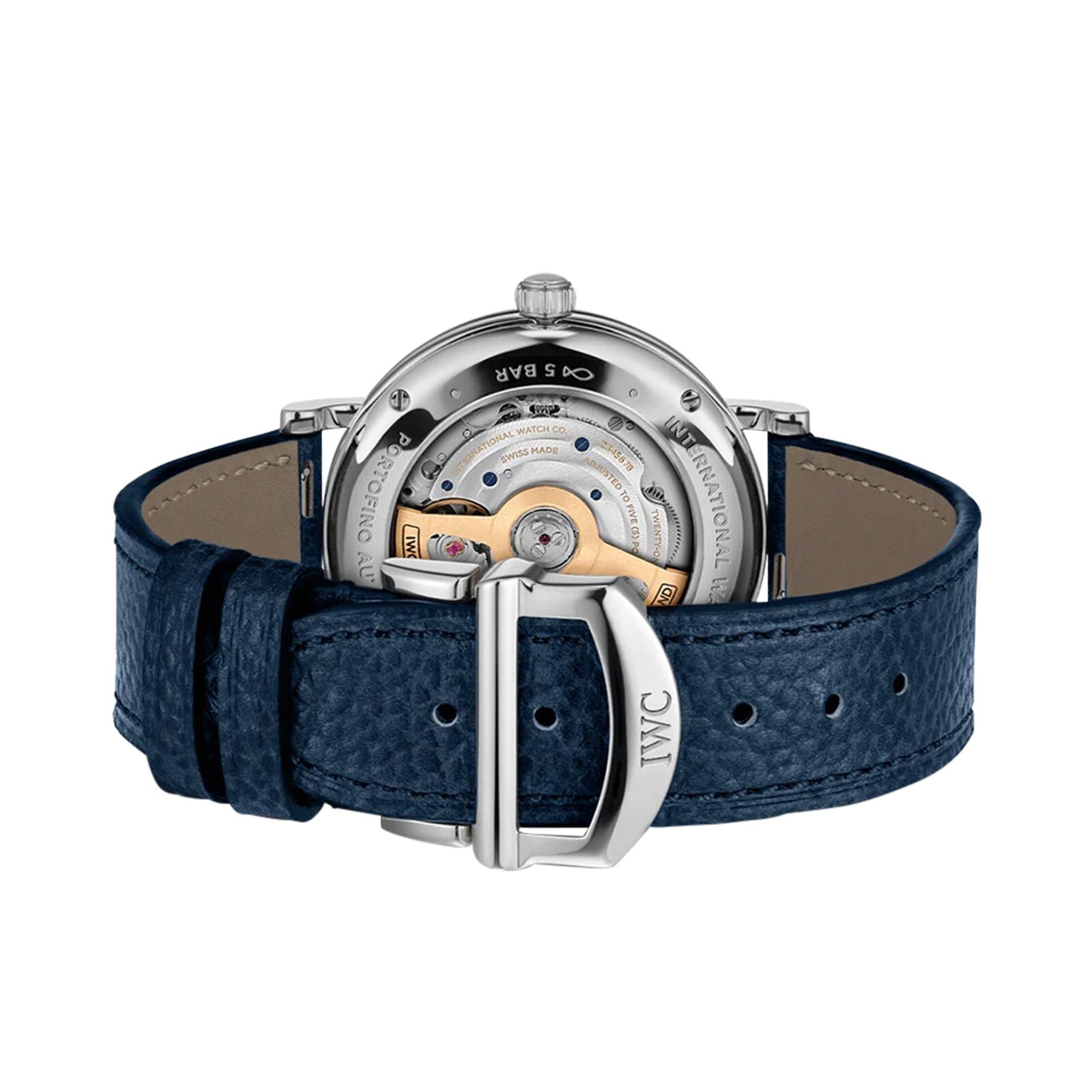Back view of the IWC Schaffhausen Portofino Automatic 37, showcasing its visible mechanism and blue leather strap with an IWC-branded buckle.