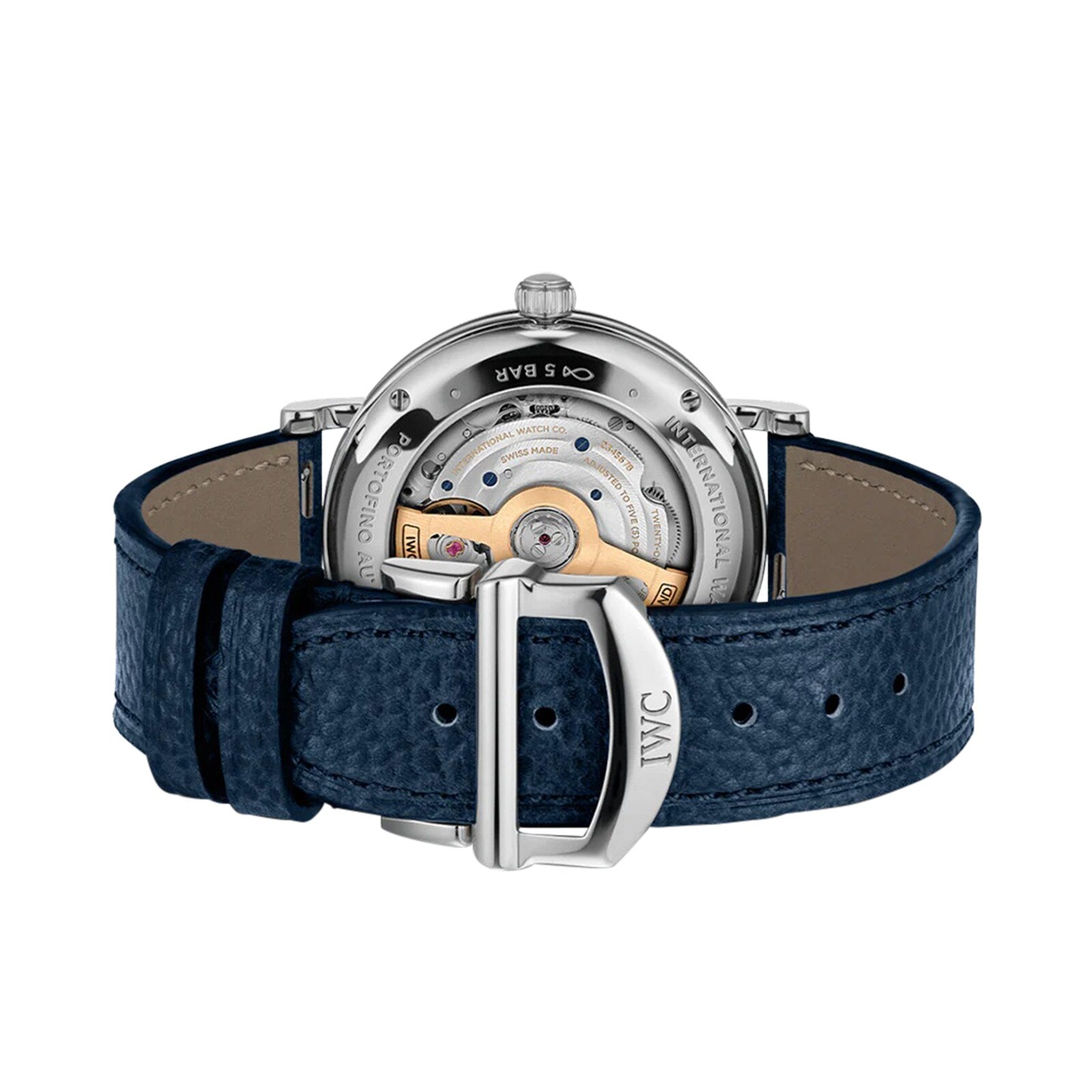 Back view of the IWC Schaffhausen Portofino Automatic 37, showcasing its visible mechanism and blue leather strap with an IWC-branded buckle.