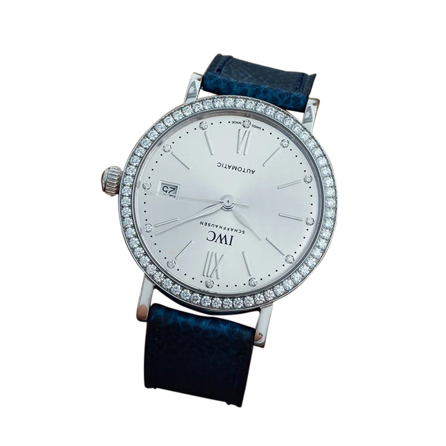 The IWC Schaffhausen Portofino Automatic 37 features a diamond bezel, white dial, blue leather strap, and displays both date and time.